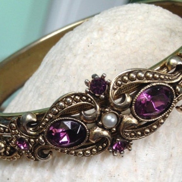 AVON Bangle Bracelet, purple gemstones with faux pearls