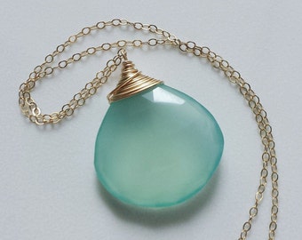 Aqua Chalcedony Necklace, Chalcedony Jewelry, Gold Filled Jewelry, 14k Gold Pendants, Gemstone Necklace, Chalcedony Pendant, Aqua Necklace