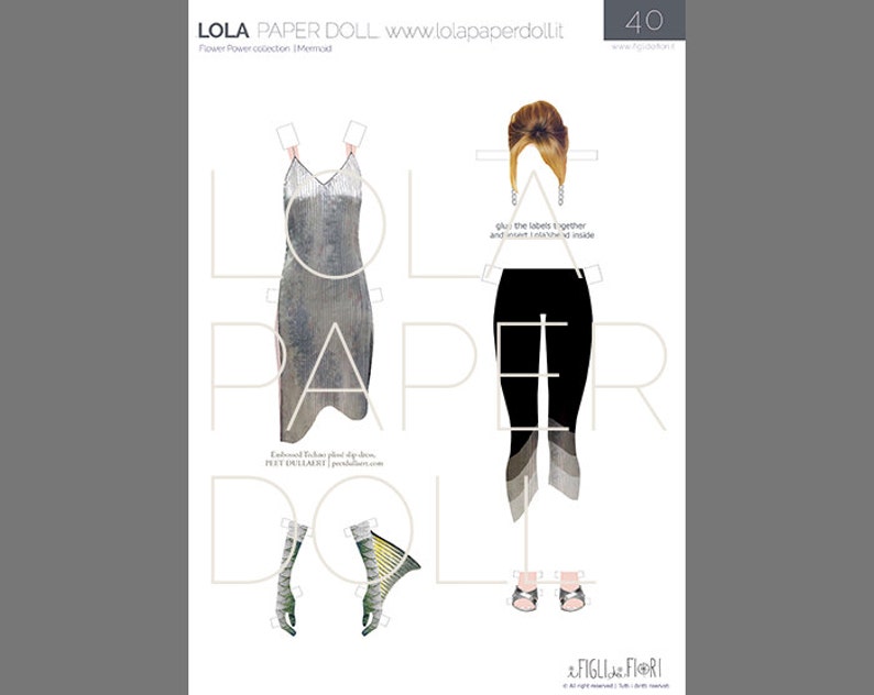 May include: A paper doll with a silver sequined dress, black pants, and a blonde updo. The doll is part of a paper doll collection called "Flower Power".