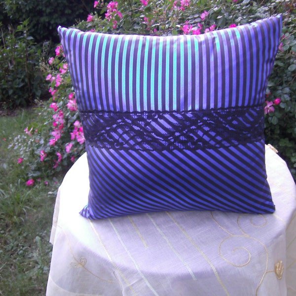Pillow, Patchwork, black blue Pillow, striped Pillow, Lacepillow, Women, living Room, Home, 16x16 inch