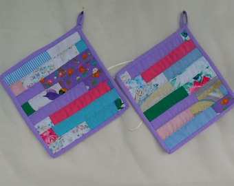 Potholders sewing , Patchwork Potholders , Set from 2 purple pink Potholders , Potholders Quilt