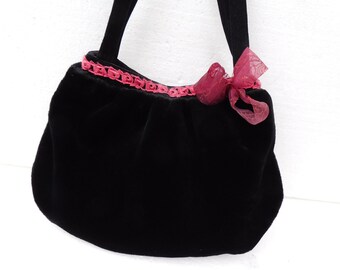 Handtasche schwarz Webpelz , Plüschtasche schwarz , Ballontasche mit Schleife