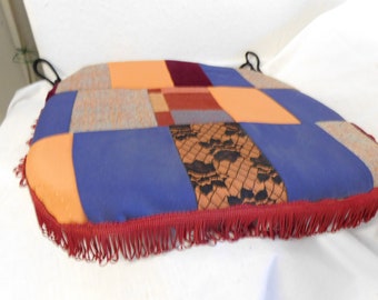 orange chair cushion  , blue  Patchwork Pillow with Fringes