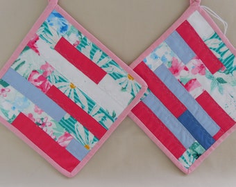 Topflappen genäht  , Set von 2 pink gestreiften  Topflappen , Quilt topflappen