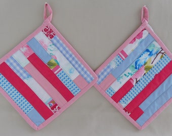 pink Potholder Patchwork sewing  , Set  from 2 rose  quilted Potholders , striped Potholder