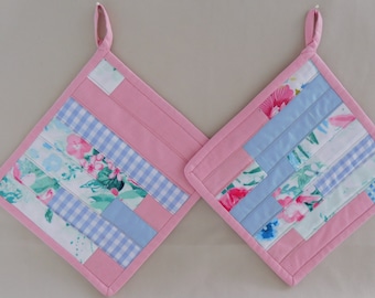 genähte Topflappen , Set  von 2 rosa blau gestreiften Quilttopflappen , Topflappen Patchwork