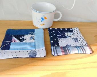 maritime mug mat Fabric   Coaster blue white  Fabric coaster with modern Placemates , Mug Rug  2 x , Patchwork Quilt , blue white  Log cabin