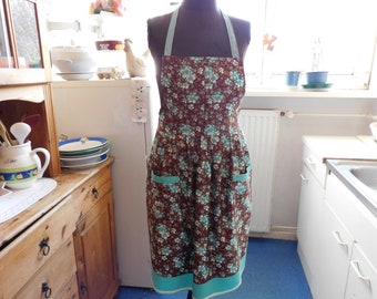 brown floral Women's Kitchen apron , perfect Gift idea , brown Cooking apron , Baking apron , Gift for her