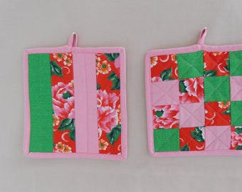 genähte Topflappen , Set  von 2 rot grünen   Topflappen Patchwork , gesteppte Topflappen