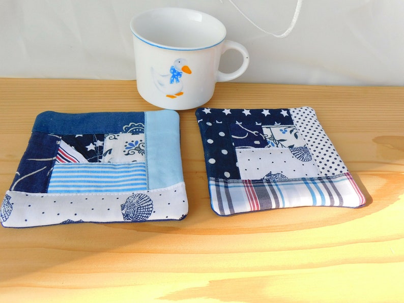 maritime Platzdeckchen Stoff , Tischset handgenäht , Tischmatten 2 Stück blau weiße Untersetzer für Tassen , Glas Bild 1