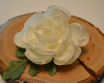 White Ranunculus Flower Hair Accessory with Leaves and Pearls - floral hair comb