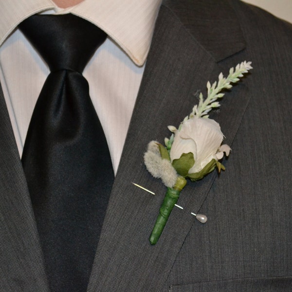 White Rose Boutonniere with Pussy Willow and Spring Heather Stems