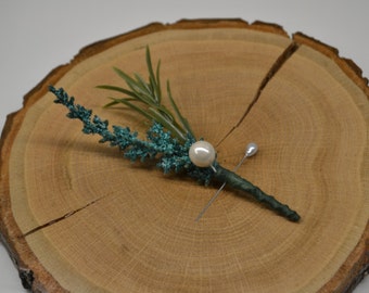 Teal Heather Flower Boutonniere with Ivory Pearl and Green Sprig