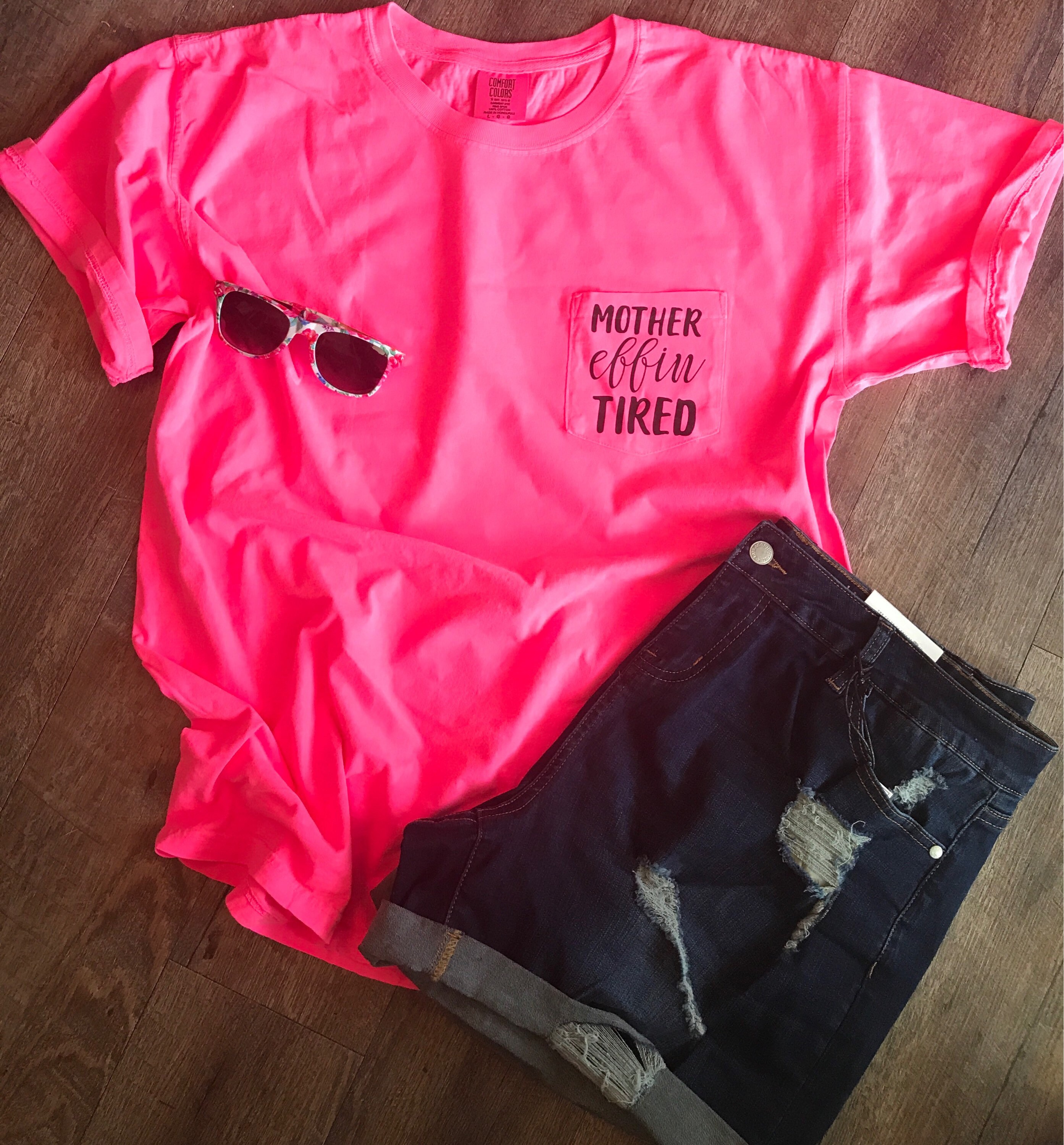 Mother Effin Tired Comfort Colors Neon Pink Pocket Tee Unisex Etsy