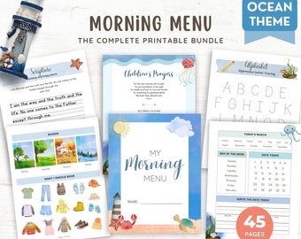 Ocean Themed Complete Morning Menu Bundle, Homeschool Morning Menu, Charlotte Mason Homeschool Morning Menu Printable Pages, Poetry, Bible
