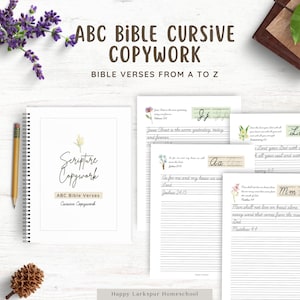 Zestaw ćwiczeń do przepisywania wersetów ABC Bible Verse Cursive Copywork, ćwiczenia do pisania odręcznego Cursive, Charlotte Mason Cursive Copywork Homeschool Printable, Classical