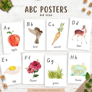 Carteles del alfabeto, aula de carteles ABC A4, carteles del alfabeto de acuarela, carteles del alfabeto imprimibles en la escuela en el hogar, cartel ABC preescolar para niños pequeños