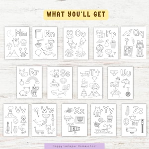 Op de afbeelding: Een set van 26 printbare alfabet flashcards met zwart-wit illustraties van verschillende objecten voor elke letter. De flashcards zijn ontworpen voor kinderen die het alfabet leren en bevatten de letters Mm, Nn, Oo, Pp, Qq, Rr, Ss, Tt, Uu, Vv, Ww, Xx, Yy en Zz.