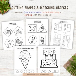 May include: Black and white activity pages for kids. The pages feature shapes, objects, and matching activities. The text on the pages includes "Cutting Shapes & Matching Objects", "Shape Cutting", and "Cut and Match". The pages are designed to develop fine motor skills.