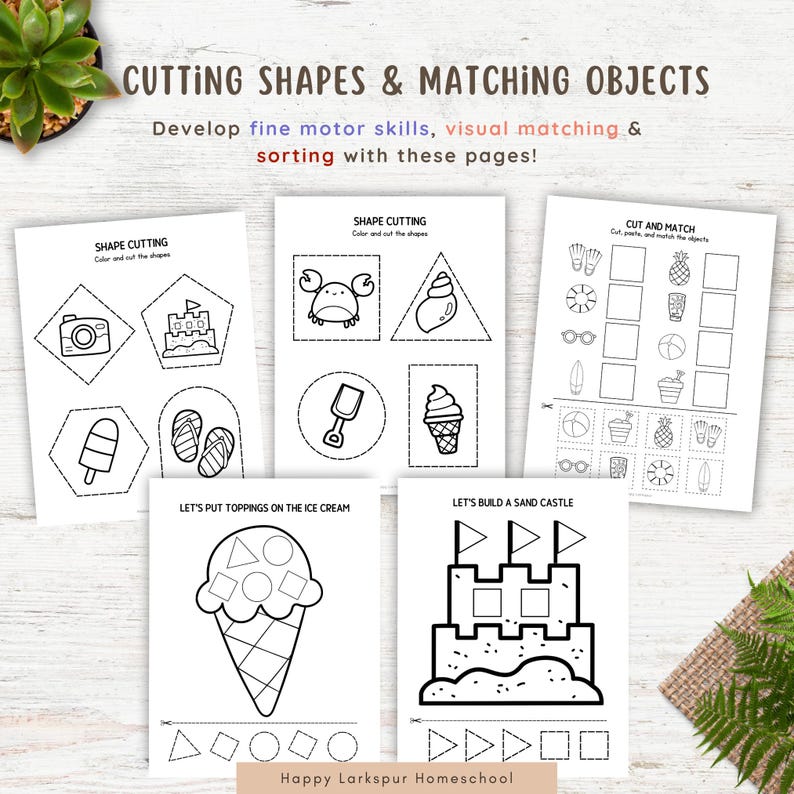 May include: Black and white activity pages for kids. The pages feature shapes, objects, and matching activities. The text on the pages includes "Cutting Shapes & Matching Objects", "Shape Cutting", and "Cut and Match". The pages are designed to develop fine motor skills.