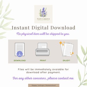 May include: An advertisement for an instant digital download. The image features a logo with purple flowers, and text that reads "Instant Digital Download." Icons show the download, print, and enjoy process. The text also states that no physical item will be shipped.