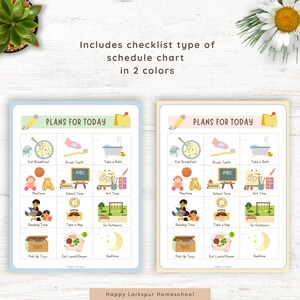 May include: A printable daily schedule chart for kids with colorful illustrations. The chart includes activities like eating breakfast, brushing teeth, playtime, school time, art time, reading time, taking a nap, going outdoors, picking up toys, eating lunch/dinner, and bedtime. The chart is available in two colors: blue and yellow.