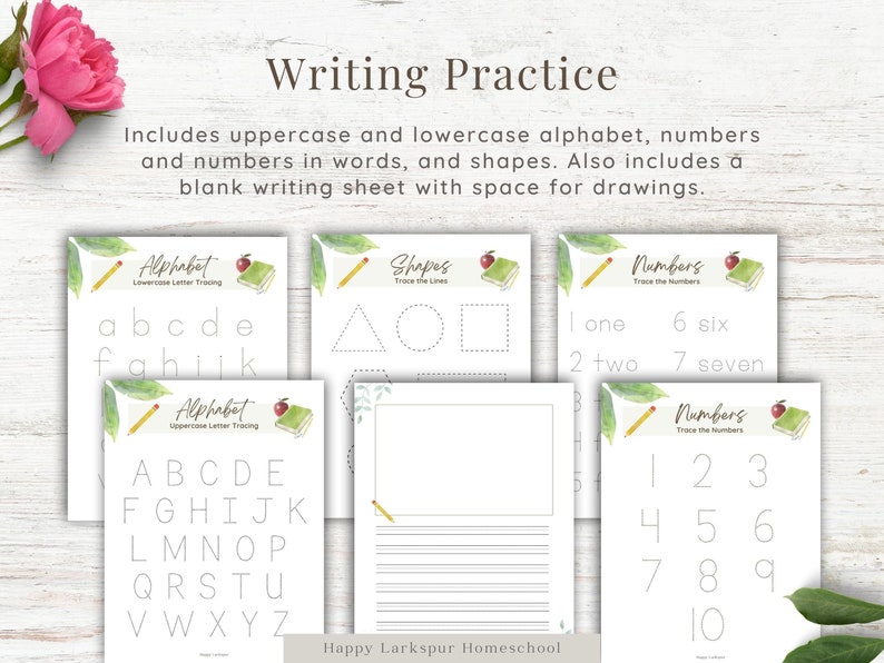 Op de afbeelding: Printbare werkbladen om te oefenen met het schrijven van het alfabet, getallen en vormen. De werkbladen hebben een aquarelontwerp met een groen blad- en rood appelmotief. De tekst op de werkbladen is "Alphabet", "Getallen" en "Vormen".