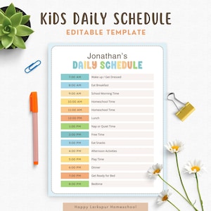 May include: A printable daily schedule template for kids, featuring a colorful design with a light blue background and a title that reads "Jonathan's Daily Schedule". The schedule includes times from 7:00 AM to 8:00 PM, with activities such as "Wake up/ Get Dressed", "Eat Breakfast", "School Morning Time", "Homeschool Time", "Lunch", "Nap or Quiet Time", "Free Time", "Eat Snacks", "Afternoon Activities", "Play Time", "Dinner", "Get Ready for Bed", and "Bedtime".