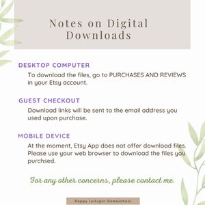 May include: A beige and white digital download information sheet with green leaf accents. Text includes "Notes on Digital Downloads", instructions for desktop, guest checkout, and mobile device downloads, and contact information.