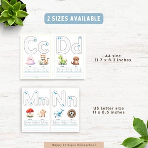 May include: Printable alphabet tracing worksheets for kids featuring uppercase and lowercase letters with dotted lines for tracing. The worksheets include illustrations of animals and objects, such as a cat, a dog, a dinosaur, a monkey, a mushroom, a whale, and a bird's nest. The worksheets are available in two sizes: US Letter (11 x 8.5 inches) and A4 (11.7 x 8.3 inches).