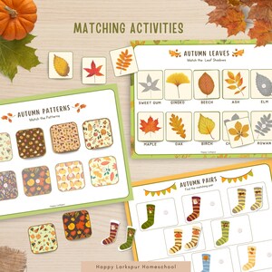 May include: A printable set of autumn-themed matching activities for kids. The set includes three different activities: matching leaf shadows, matching patterns, and matching pairs of socks. The activities feature illustrations of leaves, pumpkins, and socks.