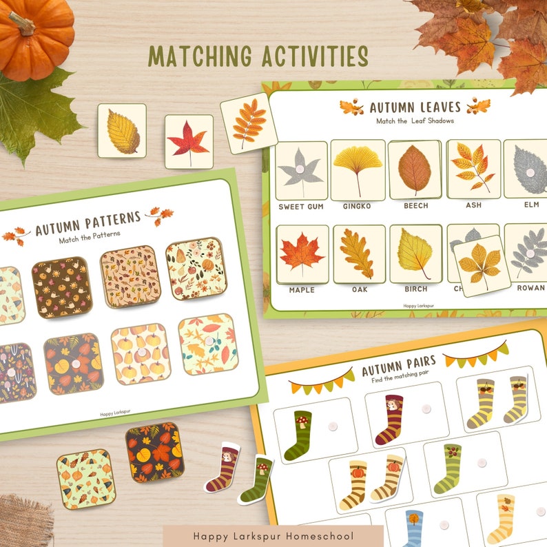 May include: A printable set of autumn-themed matching activities for kids. The set includes three different activities: matching leaf shadows, matching patterns, and matching pairs of socks. The activities feature illustrations of leaves, pumpkins, and socks.