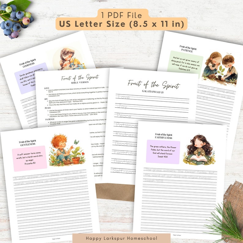 May include: Printable worksheet with illustrations of children and Bible verses about the fruit of the Spirit. The worksheet includes the following fruits: love, joy, peace, patience, kindness, goodness, faithfulness, gentleness, and self-control. The worksheet is 8.5 inches by 11 inches.