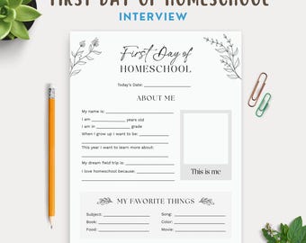 Colloquio per il primo giorno di homeschooling, foglio di lavoro stampabile in bianco e nero per il ritorno a scuola, stampabile per homeschooling, ricordo del primo giorno di homeschooling