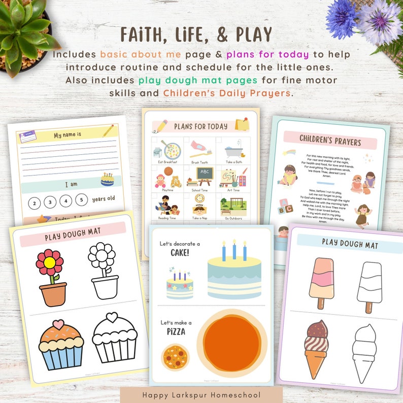 Pu&ograve; includere: Un set di fogli di lavoro stampabili per bambini piccoli che include una pagina "Mi chiamo", un programma giornaliero e attivit&agrave; di pasta da modellare. I tappetini di pasta da modellare includono immagini di un fiore, un cupcake, una pizza, un cono gelato e un ghiacciolo.
