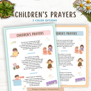 Children&#39;s Prayers Morning Menu Pages, Kids Prayers, Kids Prayer Wall Art, Printable Prayer Pages