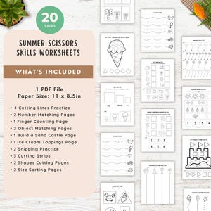 May include: A collection of 20 summer-themed scissor skills worksheets. The worksheets include cutting lines practice, number matching, finger counting, object matching, sand castle building, ice cream toppings, snipping practice, and shape and size sorting. Paper size is 11 x 8.5 inches.