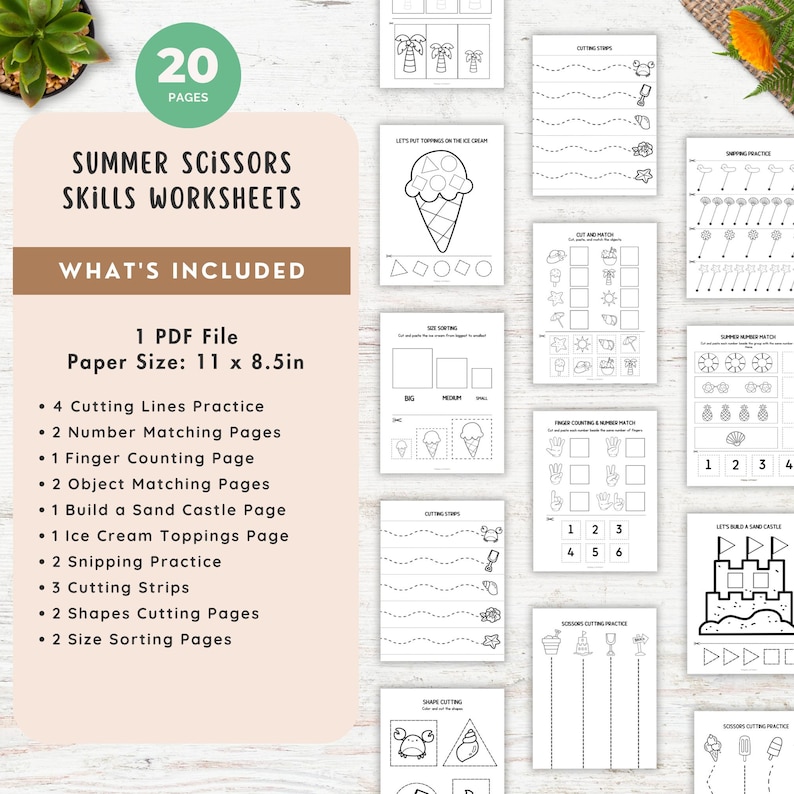 May include: A collection of 20 summer-themed scissor skills worksheets. The worksheets include cutting lines practice, number matching, finger counting, object matching, sand castle building, ice cream toppings, snipping practice, and shape and size sorting. Paper size is 11 x 8.5 inches.