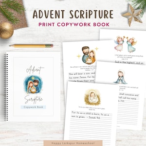 Op de afbeelding: Een printbaar Advent-Schrift-kopieerboek met aquarel-illustraties van de Heilige Familie. Het boek bevat verzen zoals "Zij zal een zoon baren, en gij zult hem de naam Jezus geven, want hij zal zijn volk van hun zonden verlossen." en "Want een kind is ons geboren, een zoon is ons gegeven."