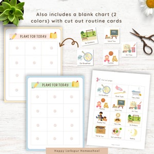 May include: Two printable blank charts with the text "Plans for Today" and a set of 10 colorful routine cards with illustrations and text. The cards include activities like "Eat Breakfast", "Brush Teeth", "School Time", "Art Time", "Playtime", "Take a Bath", "Reading Time", "Take a Nap", "Go Outdoors", "Pick Up Toys", "Eat Lunch/Dinner", and "Bedtime".