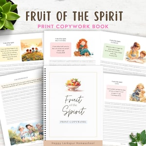 Può includere: Un libro di copia stampabile con un'illustrazione colorata di frutta in una ciotola. Il libro è intitolato "Frutto dello Spirito" e include versetti della Bibbia sui nove frutti dello Spirito: amore, gioia, pace, pazienza, gentilezza, bontà, fedeltà, mitezza e dominio di sé.