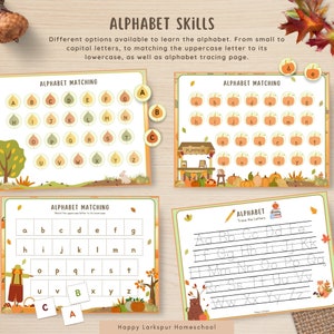 May include: Four printable worksheets for learning the alphabet. The worksheets feature a fall theme with pumpkins, leaves, and a scarecrow. The worksheets include matching uppercase and lowercase letters, tracing letters, and matching uppercase letters to their lowercase counterparts.