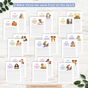May include: Printable worksheet with 9 pages for writing Bible verses about the fruit of the spirit. Each page features a colorful illustration of children with a quote about the fruit of the spirit. The worksheet is titled "2 Bible Verse for each Fruit of the Spirit".