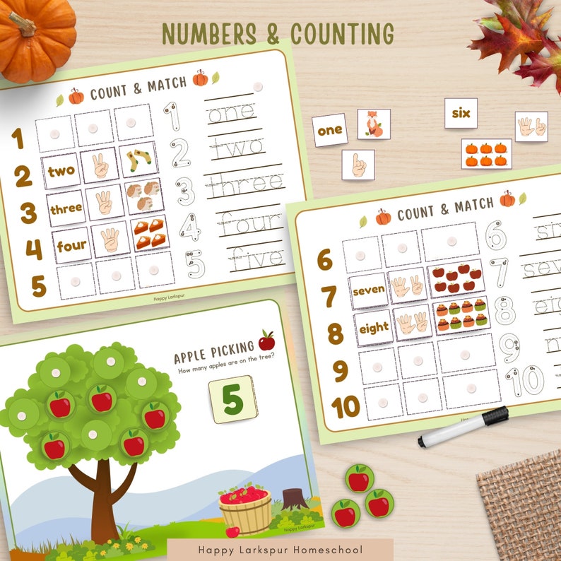 May include: A printable worksheet set for kids to learn numbers and counting. The worksheets feature a fall theme with pumpkins, apples, and leaves. The worksheets include activities like counting objects, matching numbers to quantities, and writing numbers.