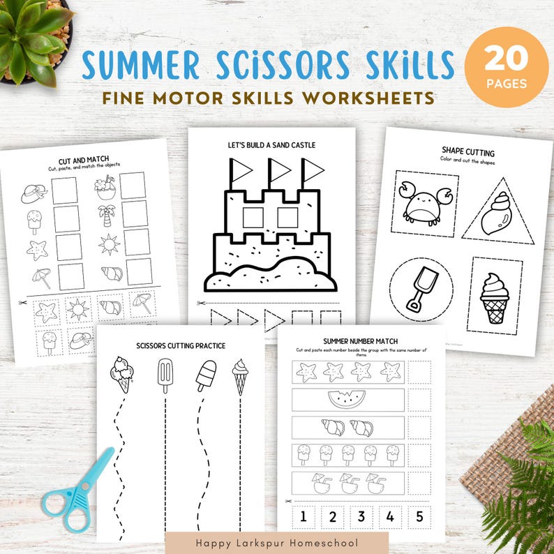 May include: A collection of summer-themed fine motor skills worksheets. The worksheets include activities like cutting practice, matching, and shape recognition. The text on the top reads "SUMMER SCISSORS SKILLS" and "FINE MOTOR SKILLS WORKSHEETS". A pair of blue scissors is visible.