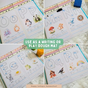 May include: A set of printable alphabet tracing worksheets for kids. Each page features a different letter of the alphabet with a dotted line for tracing and a cute illustration. The pages are designed to be used as writing or play dough mats. The text "USE AS A WRITING OR PLAY DOUGH MAT" is printed on the pages.