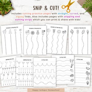 May include: A collection of printable worksheets for kids, featuring cutting practice pages with straight, curved, and zigzag lines. The pages include images of various objects and shapes, with dotted lines for cutting practice. The text "SNIP & CUT!" is at the top.