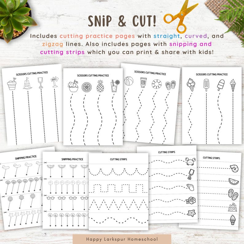 May include: A collection of printable worksheets for kids, featuring cutting practice pages with straight, curved, and zigzag lines. The pages include images of various objects and shapes, with dotted lines for cutting practice. The text "SNIP & CUT!" is at the top.