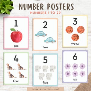 Póster de números para el aula, pósteres de números del 1 al 20 para decoración del aula, pósteres de números imprimibles para la educación en casa, póster de números arcoíris para niños en edad preescolar.