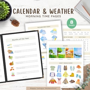 Calendrier pour enfants et pages météo, calendrier quotidien pour enfants, pages de menu du calendrier du matin, heure du matin météo, carte météo préscolaire pour l'école à la maison